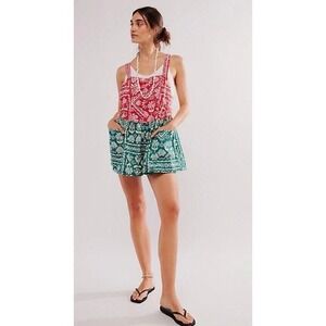 Free People Mixed Bandana Print Romper Red Teal Boho Strappy Jumpsuit NEW